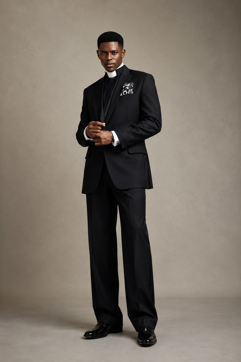 Black formal tuxedo with decorative embroidered detail on the chest.