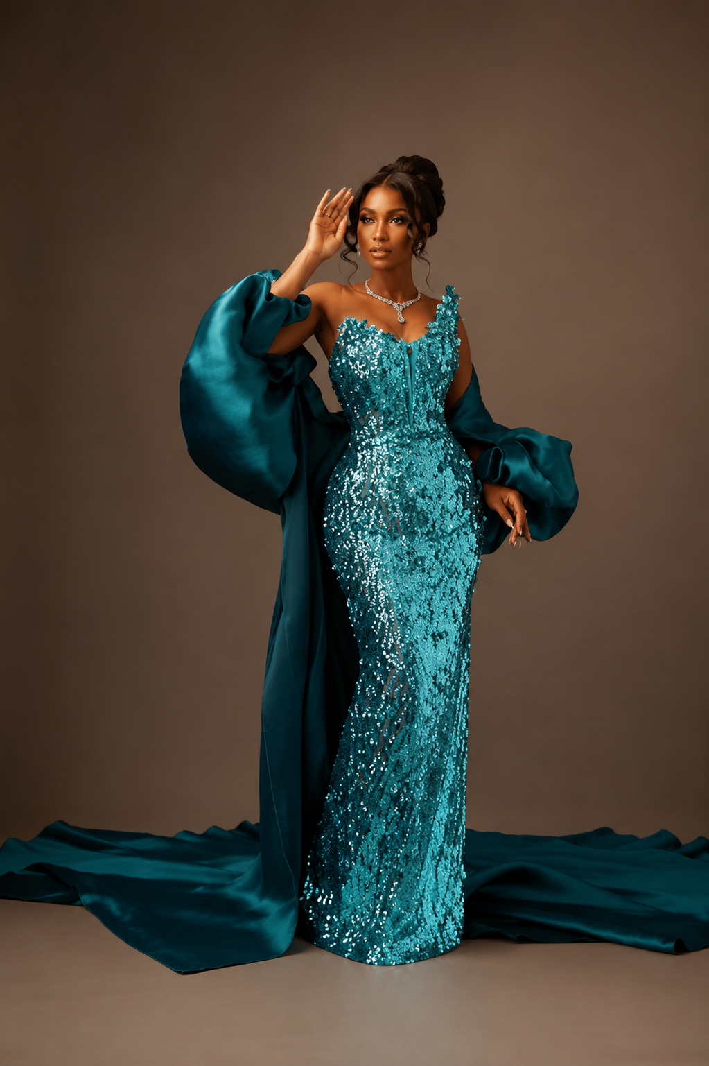 Sparkling aqua blue sequined evening gown with dramatic flowing sleeves.